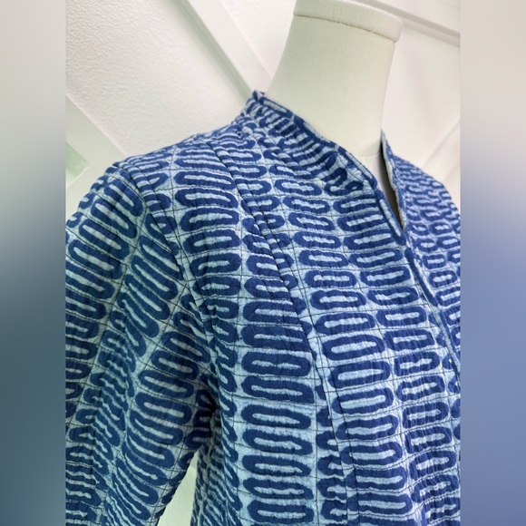 Novica Quilted Jacket Blue Block Print Open Front Cotton Coat Size Medium - Picture 3 of 11